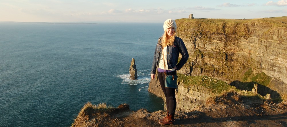 Canadian student in the United Kingdom, on a cliff overlooking the Atlantic Ocean