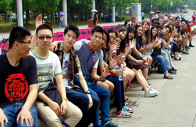 China Study Tour participants meet their Chinese ‘student buddies’ during a campus tour of Wuhan University
